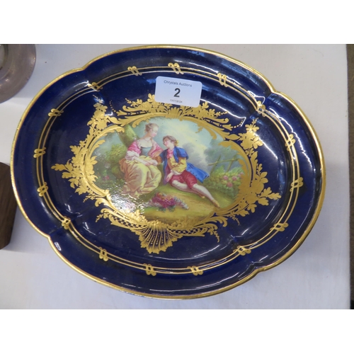 2 - Antique Sevres oval type dish with decoration of man and woman in a landscape length 9ins