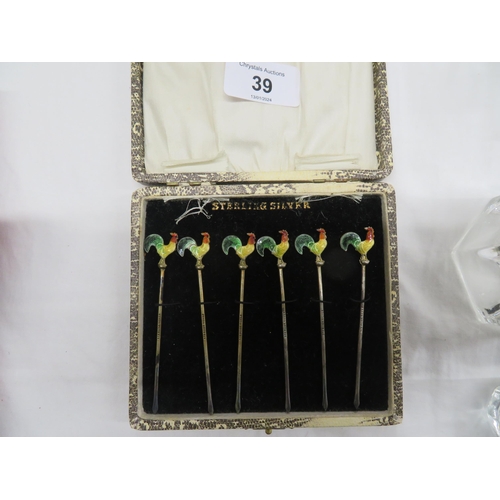 39 - Set of six enamel and silver cocktail sticks, cased