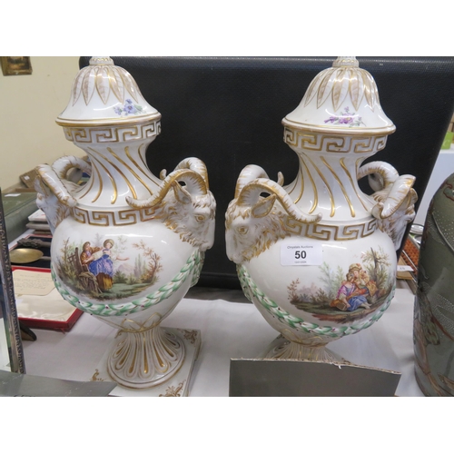 50 - Pair of Meissen Style Porcelain Urns with Covers having rams mask handles, garland decoration in rel... 