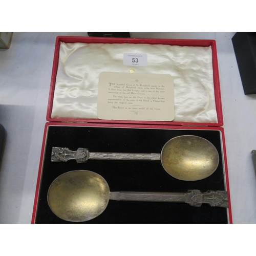 53 - Cased pair of large silver gilt metal novelty spoons having the Cross of St Maughold to tops with ca... 