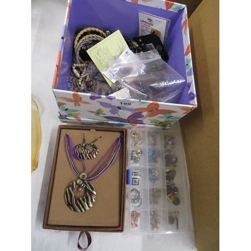 180 - Box of assorted costume jewellery, some silver, plus badges etc