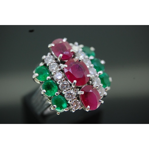 44 - Large and heavy unusual platinum marked 900, ruby emerald and diamond designer ring. Oval rubies 3.6... 