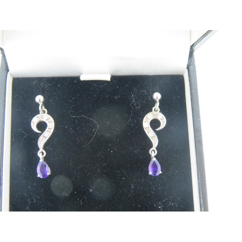 117 - White gold, diamond and amethyst drop earstuds