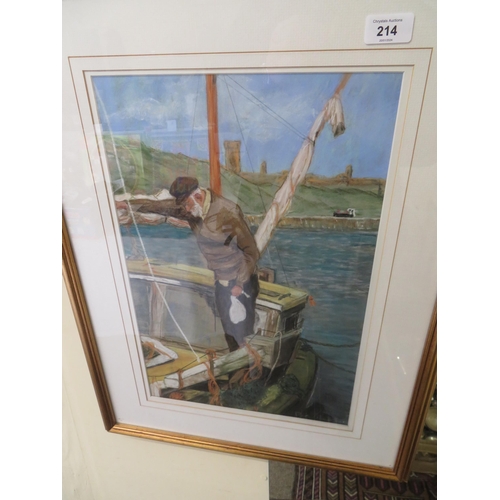 214 - Pat Bourne, Captain and his ship Peel Harbour, pastel, signed, 16x12ins