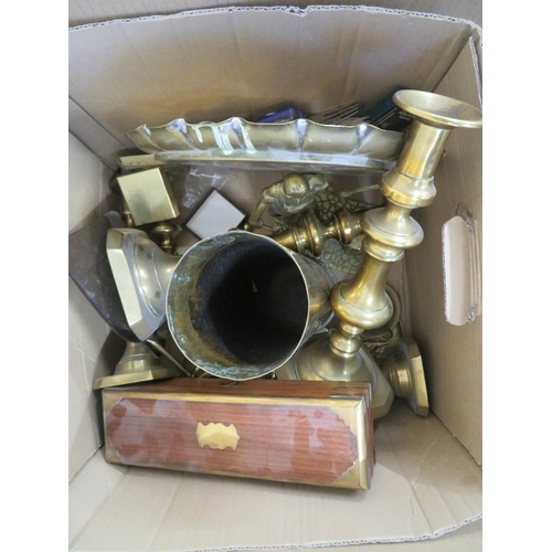 243 - Box of brassware including shell case, Victorian candlesticks etc