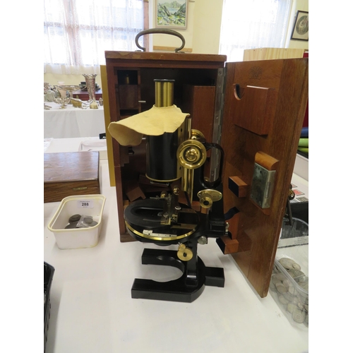 284 - Carl Zeiss Jena black painted brass lacquered quality microscope with accessories, hardly used in wo... 