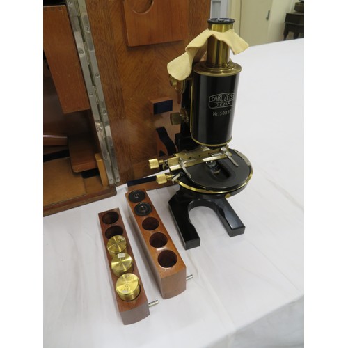 284 - Carl Zeiss Jena black painted brass lacquered quality microscope with accessories, hardly used in wo... 