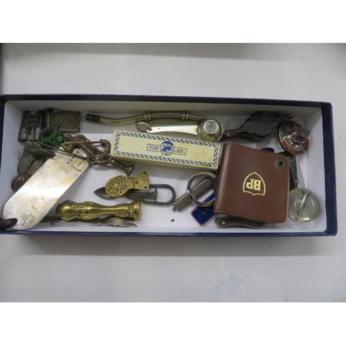 98 - Box of nicknacks including a boson's whistle and silver Concorde luggage label