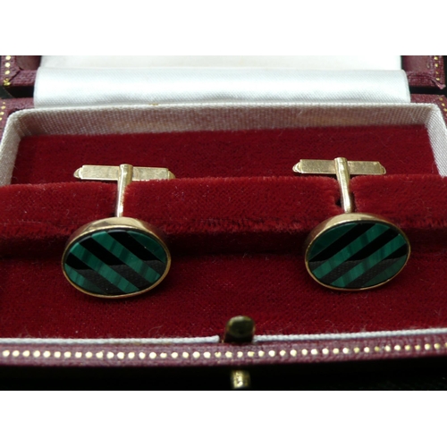 401 - A pair of 9 ct. gold onyx and agate cufflinks