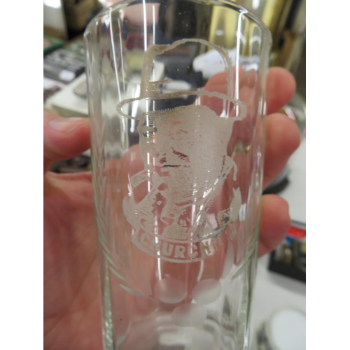 173 - Set of six glass tumblers celebrating allied leaders of WWII, each celebrity etched into the glass