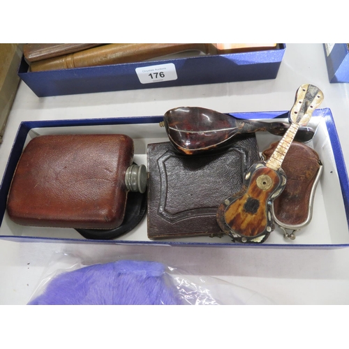 175 - Box containing hip flask, perfume bottle and other items