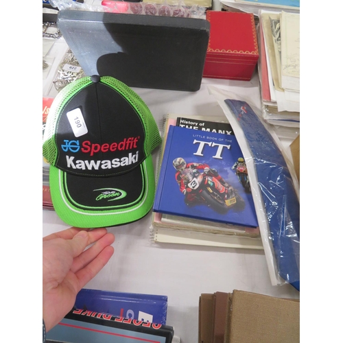 190 - Motorcycle books, Isle of Man TT tie and Kawasaki Peaked cap