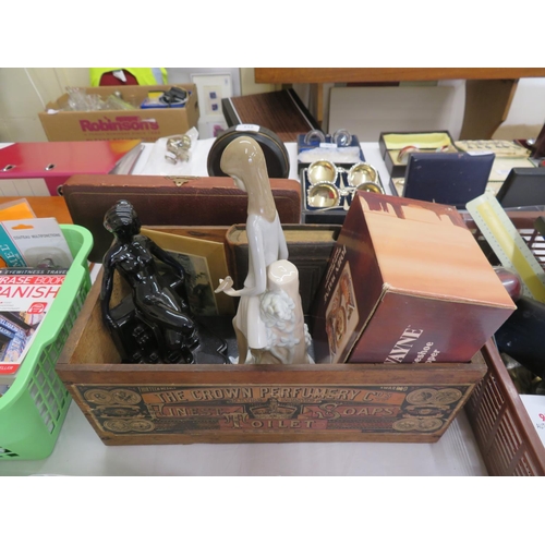 200 - A soap box containing CDV album, gambling chips, ladrow and three other items