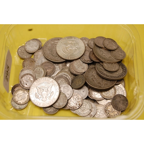 295 - Tub of pre 1947, pre 1920 and some foreign silver coins - 270 grms