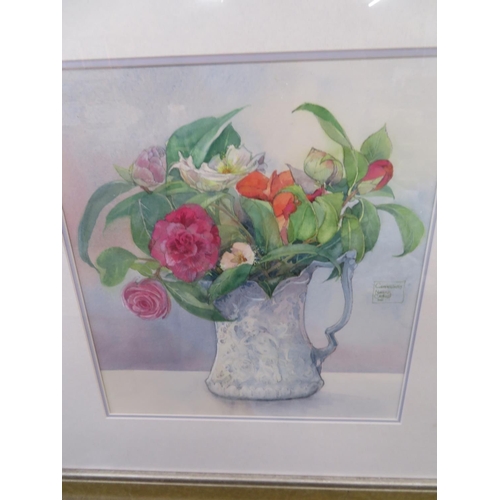 376 - Nancy Corkish - Camellias, watercolour, signed and dated 2010, image size 12 x 12 ins approx.  Well ... 