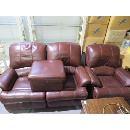 113 - Brown leather suite comprising two seater settee, a chair and a footstool