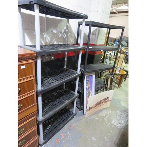 12 - Two plastic shelving units plus a metal shelving unit