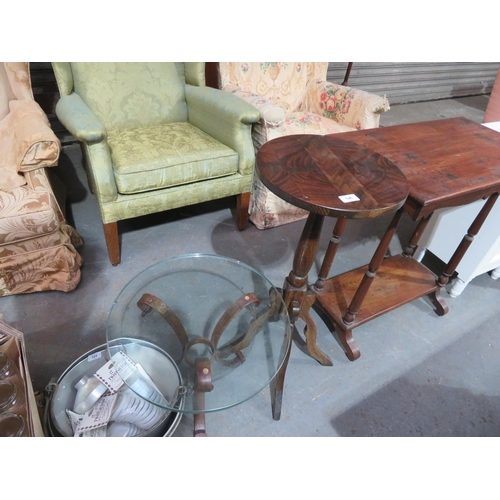 126 - Small circular glass top table on three branch metal feet plus a circular wooden table on a four leg... 