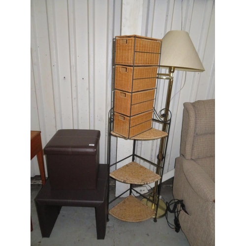 187 - Leatherette storage box an occasional table, a three tier what not, a four section wicker storage bo... 