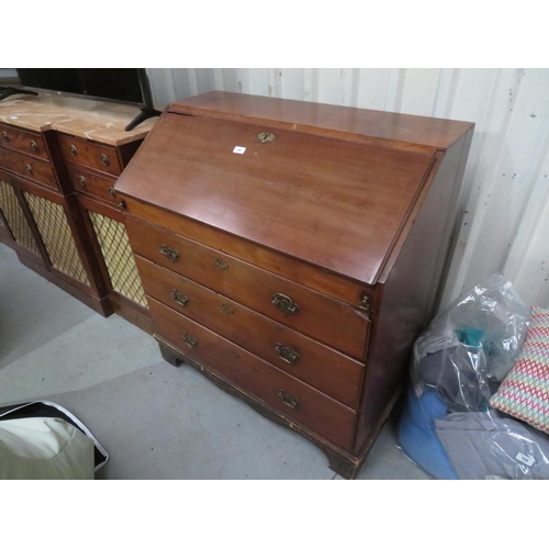 190 - Mahogany fall front bureau with three long drawers and brass swing handles