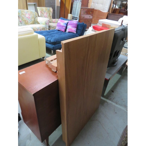 193 - Wooden table with four screw on legs, a display cabinet, a painted TV stand, plus a Panasonic TB