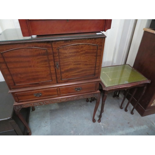 195 - Mahogany cabinet with glass shelves and drawer plus a nest of tables with green insert