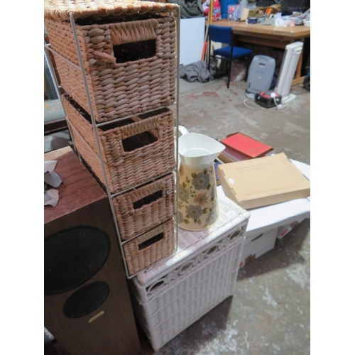 36 - Wicker basket, a small four drawer raffia storage container, plus a metal jug