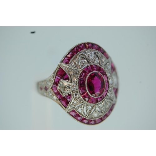 196 - Art deco style ruby and diamond cocktail ring set in platinum - size N