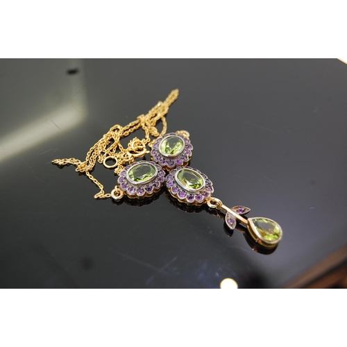 197 - Ornate Edwardian style 9 ct. gold and silver peridot and amethyst necklace