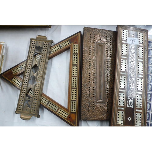 167 - Four unusual cribbage boards, one in the shape of a triangle