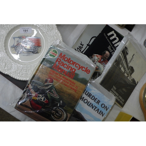 191 - Five books on motorcycle racing together with a decorated plate