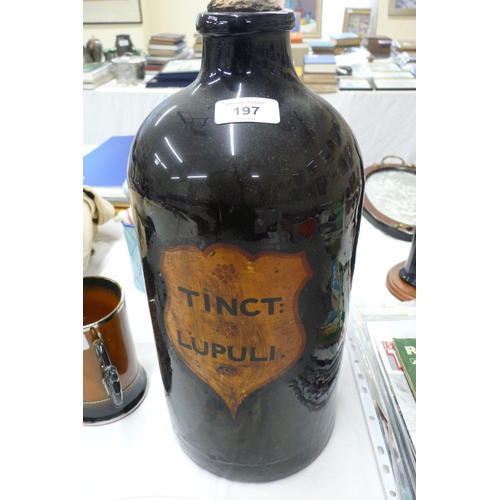 197 - Large 19thC olive green pharmacists bottle, labeled 'Tinct Lupuli' ,cork intact, ht. 15ins