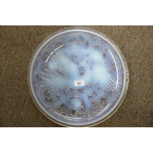 201 - Glass Sabena Vaseline glass sculptured dish, 15ins diameter