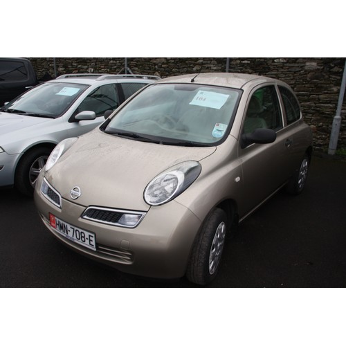 104 - HMN708E
Gold Nissan Micra 1240cc
First Registered 14.09.2005
Approx 82,000 miles
Manual Petrol