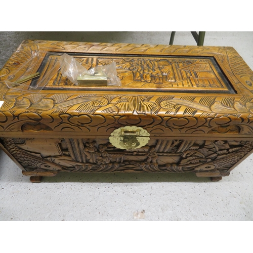 122 - Small well carved Chinese camphor wood chest