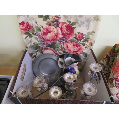 88 - Collection of candelabra, pewter toby jug etc