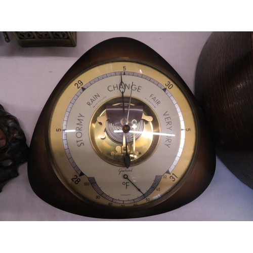 13 - A 1930's oak wall clock plus an aneroid barometer