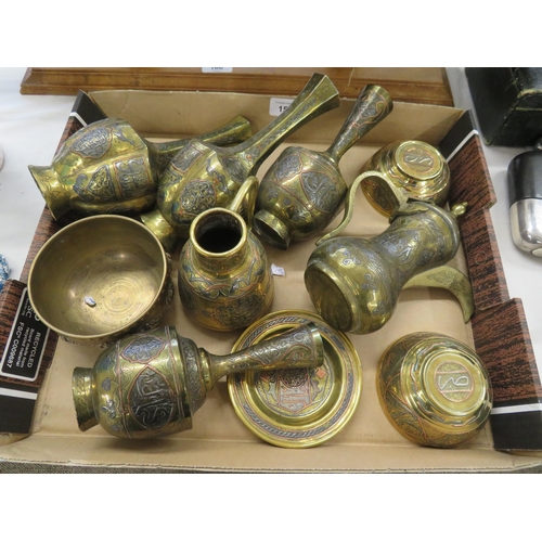 159 - A collection of silver and copper overlay brass Mamluck metalware - jugs, vases, bowls etc