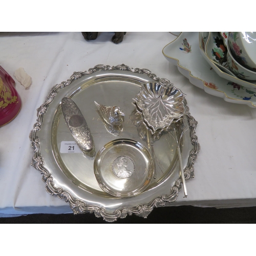 21 - A collection of some silver items, swivel sticks, small dishes, bird etc