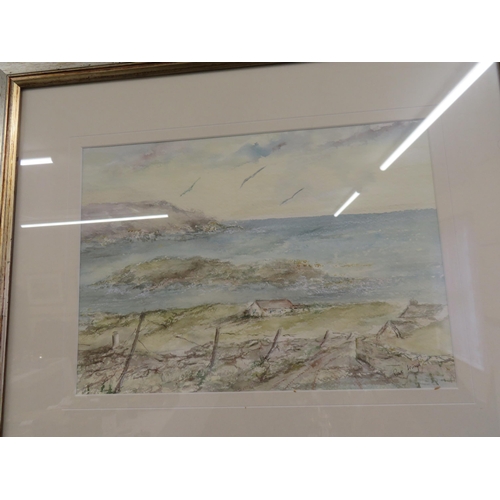 35 - Two Isle of Man water colours - Pat Kind, M E Hands, Calf of man and Manx Cottage plus a Japanese pr... 