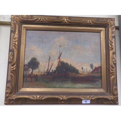 42 - K M Claessens, oil on board, Continental river scene, signed, 12 x 15 ins approx.