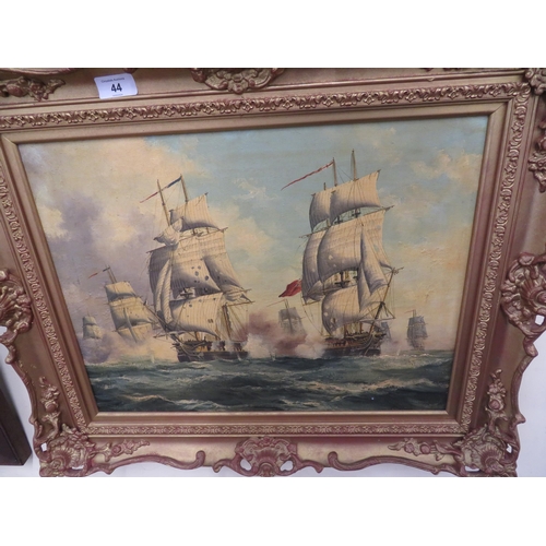 44 - An English School 20thC, Sea Battle, oil on canvas, 15 x 20 ins approx.