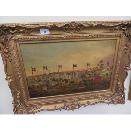 45 - A 20thC Continental School, Ships from all Nations, oil on panel, 12 x 20 ins approx