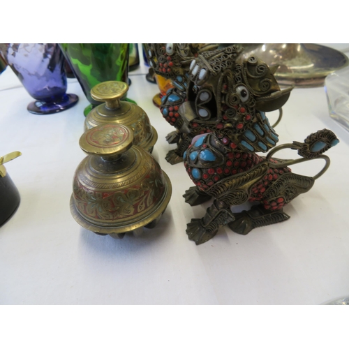 7 - Two brass and enamel foo dog ornaments and two bells