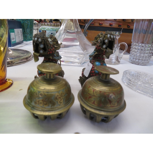 7 - Two brass and enamel foo dog ornaments and two bells