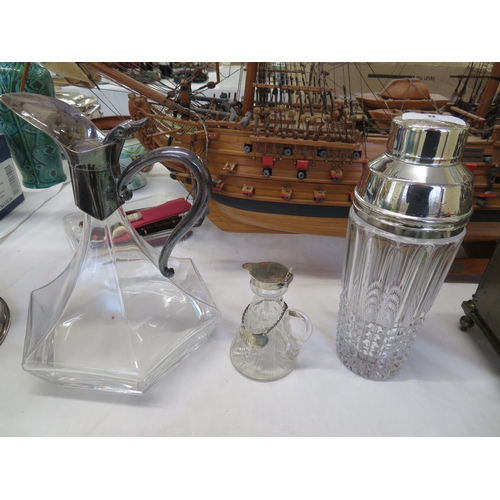 8 - A ships decanter, cocktail shaker and a silver topped small whisky jug