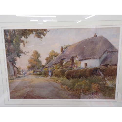 224 - J W Milliken, Feeding the ducks outside a thatched cottage, watercolour, signed, 13 x 20 ins