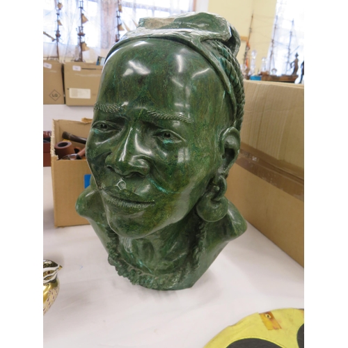 243 - Green soap stone sculpture of an African man's head - ht. 12 ins