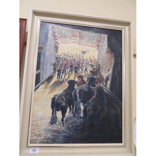 305 - R L Mannia, Gibraltar bull fighting, oil on board, 24 x 18 ins, signed and dated '77