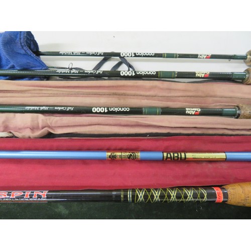 145 - Five good quality fishing rods including Shakespeare and Abu, mostly carbon fibre, fly and spinning